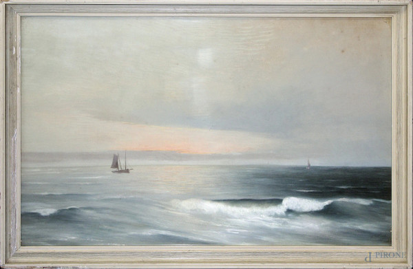 Marina con barche, pastello su cartoncino 45x73 cm, entro cornice.