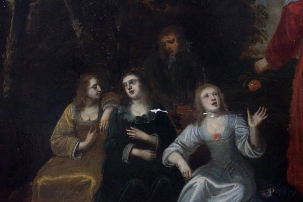 Pittore europeo del XVII secolo, Cueillette, olio su tavola, cm 73x104, entro cornice, (piccole c...