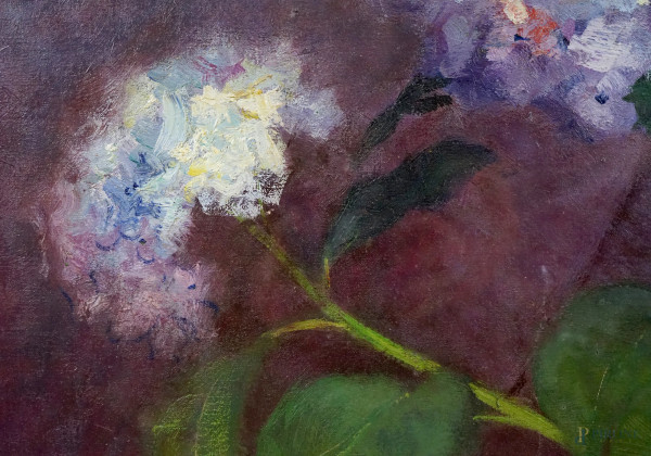 Natura morta di luglio, olio su tela, firmato e datato in basso a sinistra, cm 100x90, entro corn...