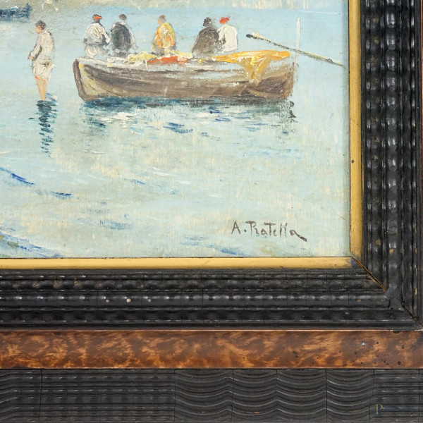 Spiaggia con figure, XIX secolo, olio su compensato, cm 22x40, firmato, entro cornice, (diifetti)