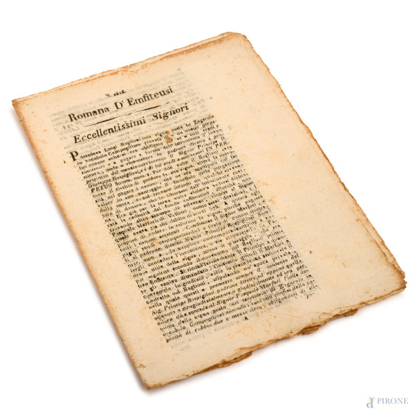 Memoriale di Giovanni Cassio, Romana d'Emfiteusi, 1835, 8 pp., misure cm 282,21,(segni di usura del tempo, bruniture ai margini, piegature e strappi)