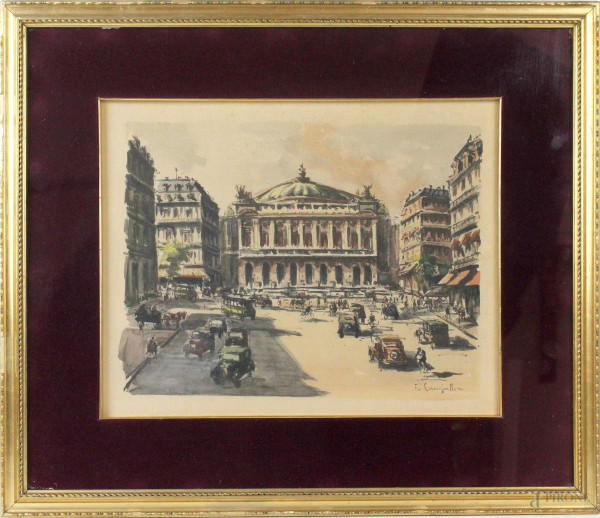 Veduta su Palazzo Garnier a Parigi, stampa a colori, cm 32x40, firmata Cangiullo, entro cornice