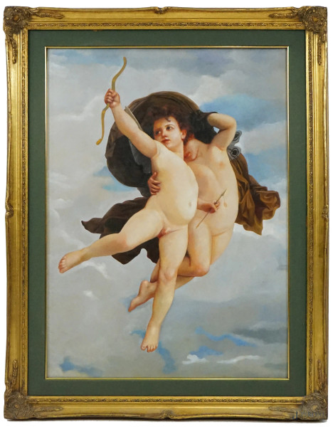 W.A.Bouguereau (1825-1905) copia da, Amore e psiche, olio su tela, cm 79x58, entro cornice.