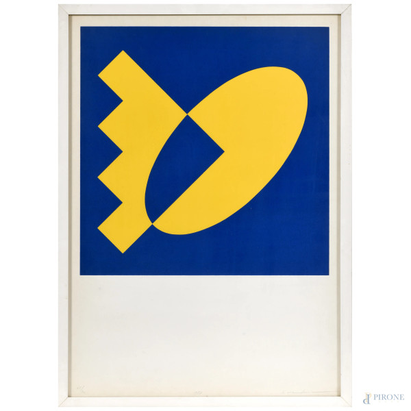 Composizione, litografia a colori, esemplare 65/90, datata 1984 in basso, firmato in basso a destra a grafite, cm 70x50, entro cornice