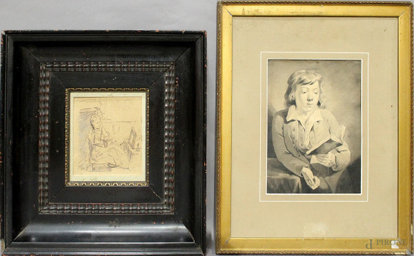 Lotto di due dipinti a tecnica mista a soggetti di donna e fanciullo 21x16 - 12x12 cm, entro cornice 