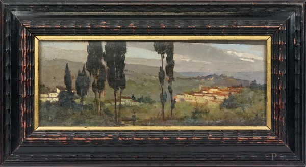 Paesaggio toscano, olio su tavoletta, cm 11,7x31, entro cornice