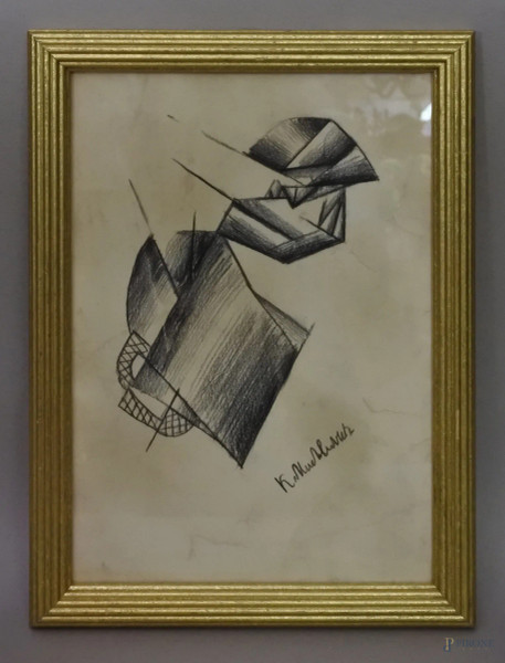 Astratto, disegno a matita su carta 20x29 cm, entro cornice firmato