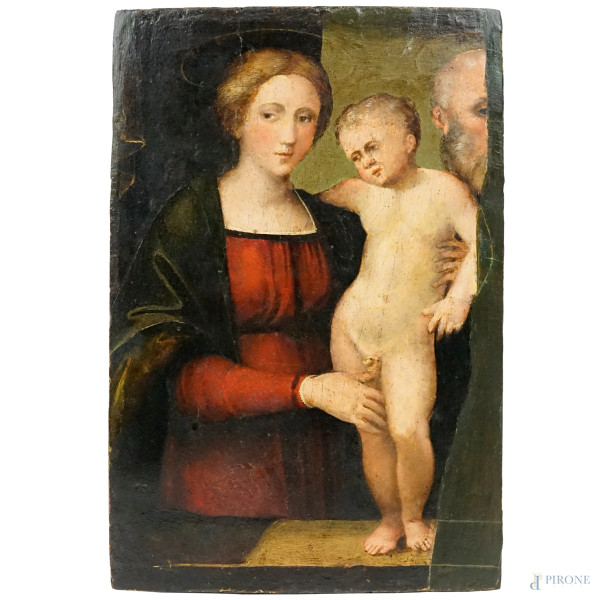 Pittore italiano del XVI secolo, Sacra famiglia, olio su tavola, cm 34,5x23, (difetti e restauri).