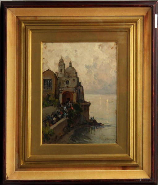 Scorcio di costiera malfitana, olio su tavola, 28x20 cm, entro cornice firmato Decorsi