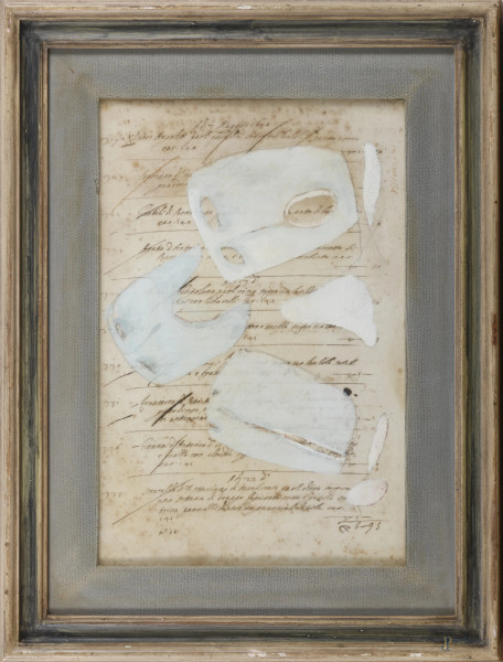 Maschere, tecnica mista su carta manoscritta applicata su tela, cm 29x43, firmato in basso a destra, entro cornice, (lievi segni di usura, tracce di umidità)