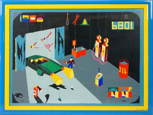 Ugo Nespolo - Garage anni '80, serigrafia a colori, cm 49x67, ES. V/X, entro cornice.