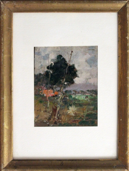 Paesaggio, olio su tavoletta, cm 13 x 11, entro cornice.