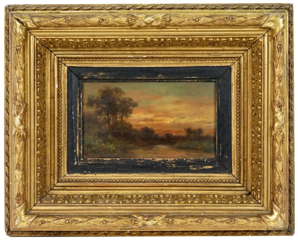 Pittore del XIX secolo, Paesaggio fluviale al tramonto, olio su tavola, cm 8 x 14, entro cornice