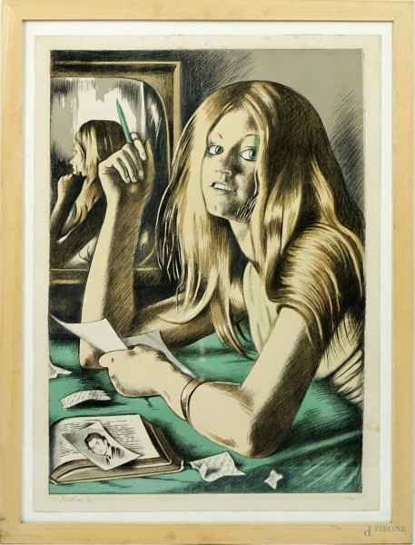 Gregorio Sciltian - Ritratto di ragazza, litografia a colori, cm 69,5x49,5, ES.11/148, entro cornice.