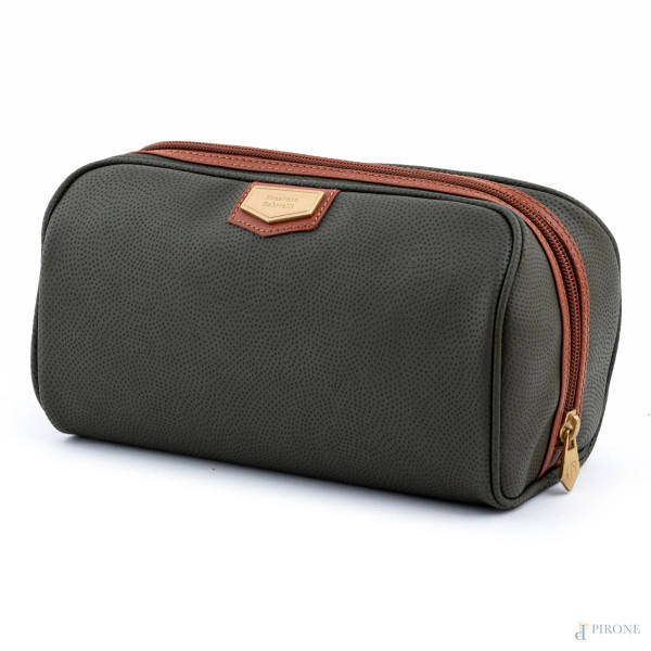 Beauty case Nazario Gabrielli in pelle verde oliva e marrone, cm 14x22, (segni di usura)