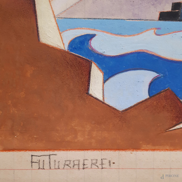 Vittorio Caproni, (XX secolo), Aeropittura, tecnica mista su carta, cm 22x35, titolato “FUTURAERE...