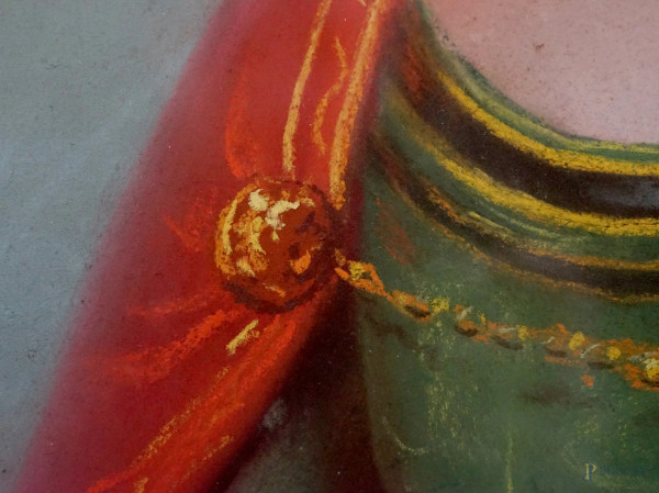 Fanciulla con lettera, pastello su carta, cm 86x62, entro cornice, (macchie)