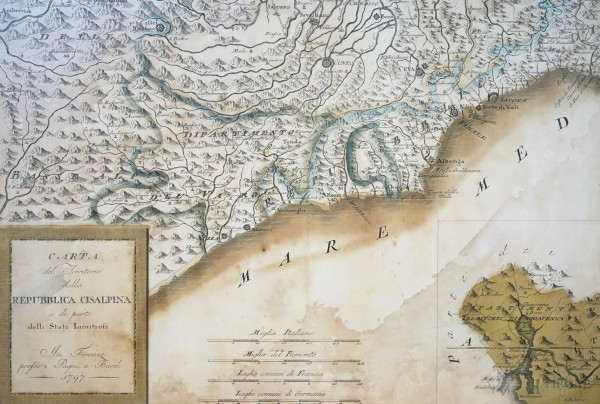 Lotto di sei mappe del territorio italiano, incisioni, XVIII secolo, misure max cm 39,5x52, entro...