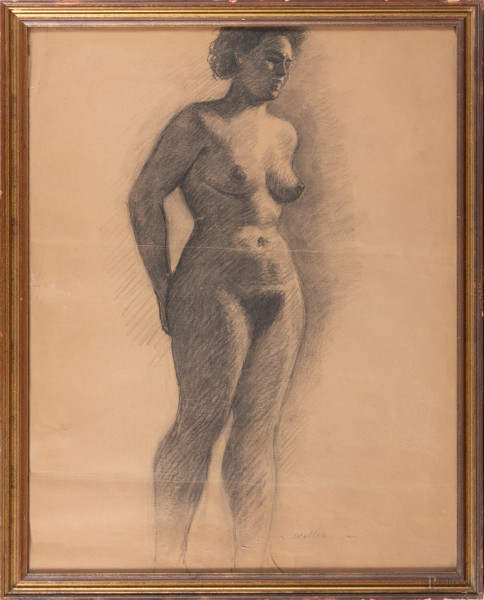 Nudo di donna, XX secolo, grafite e carboncino su carta, cm 69x54, firmato in basso a destra, entro cornice, (segni di usura e di piegatura, piccole lacerazioni, ossidazione della carta)