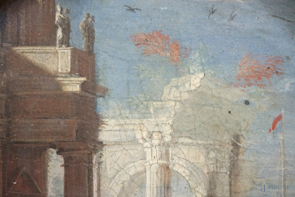Scuola napoletana del XVII-XVIII secolo, coppia di vedute marine con capricci architettonici e fi...