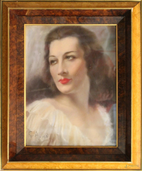 Giovanni Alig&#242; - Ritratto di donna, pastello su carta, cm 40 x 30, entro cornice.