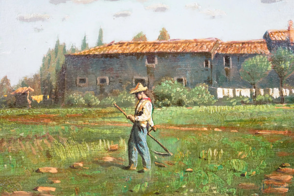 Paesaggio campestre con contadino, olio su tavola, firmato A. Mioli, cm 14x29, entro cornice