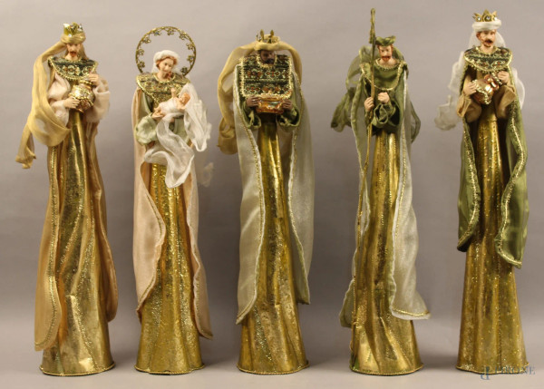 Lotto composto da cinque personaggi da presepe in metallo h. 48 cm.