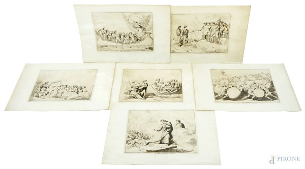 Bartolomeo Pinelli (Roma 1781 - 1835), lotto di sei incisioni raffiguranti l'Inferno, cm 40x57. Timbro a secco "Regia Calcografia Roma", inizi XX secolo.