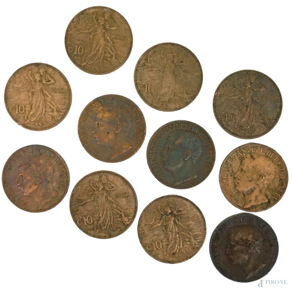 Lotto di undici monete in bronzo da 10 centesimi del 50° Anniversario del Regno d'Italia, 1801-1911, diam.cm 3, (difetti).