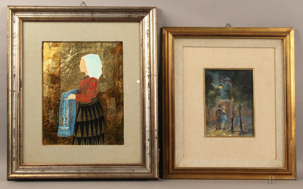 Lotto composto da due dipinti a soggetti diverse, misura max 30x20 cm, entro cornici.