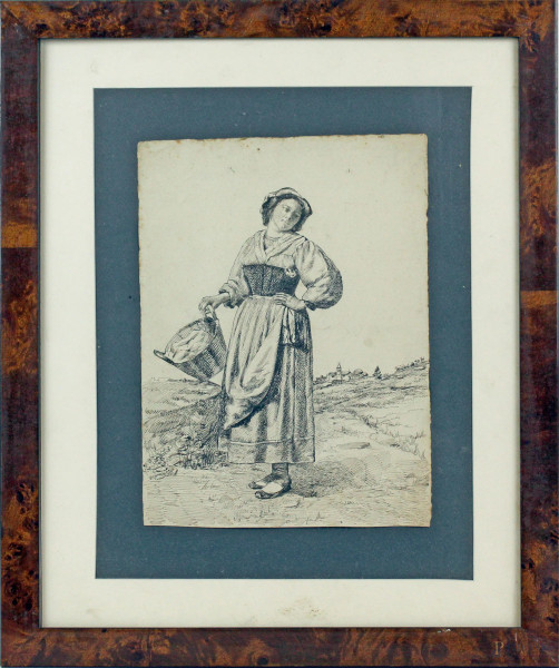 Popolana, china su carta, cm 30x22, XIX secolo, entro cornice.