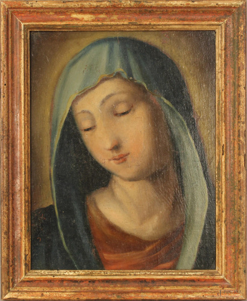 Madonna, olio su tela riportata su tavola, cm. 32,5x25,5, XVIII sec, entro cornice.
