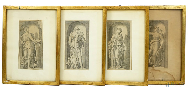 Quattro antiche stampe raffiguranti le Virtù cardinali e teologali, da Marcantonio Raimondi (1480-1534), cm 33x24, entro cornici, (difetti e macchie sulla carta)