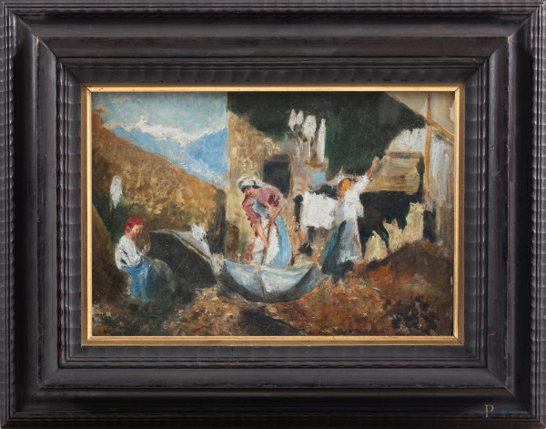 Lavandaie, XX secolo, olio su cartone telato, cm 25x35, entro cornice, (segni di usura)