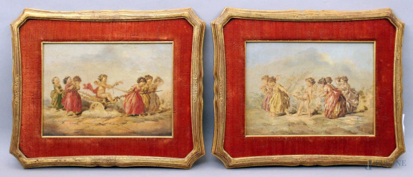 Coppia di dipinti raffiguranti bambine che giocano con putti, olio su tela cm 18x22,5, XIX sec., entro cornici.
