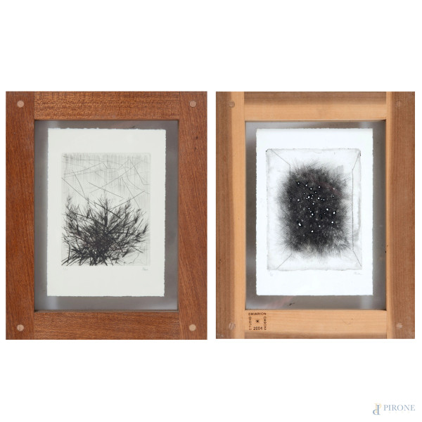 Guido Strazza, lotto di 2 incisioni astratte, firmate in basso es. 1/50, misure massime cm 26x18, entro cornice