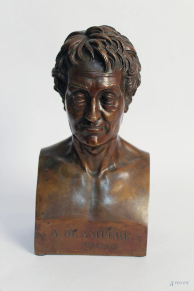 A. M. Amper, busto in bronzo brunito, H 31 cm.