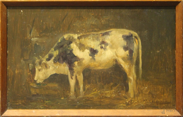 Mucca nella stalla, olio su tavola 27x45 cm, firmato entro cornice