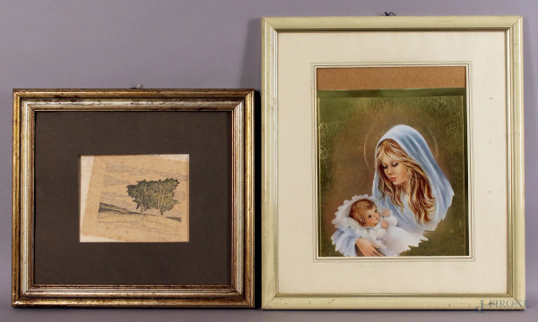 Lotto composto da una lastra in metallo raffigurante Madonna con Bambino ed una stampa, misure max. 44x39 cm, entro cornice.