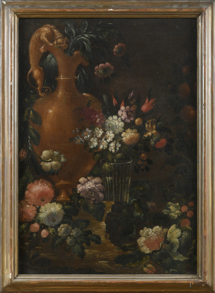 Natura morta di fiori con versatoio, XIX-XX secolo, cm 74x52,5, entro cornice, (lievi segni di usura)