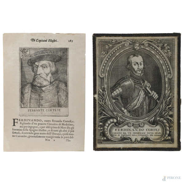 Lotto di due incisioni raffiguranti Hérnan Cortes, XVIII secolo, misure massime cm 21,5x16, una entro cornice in pelle nera, (segni di usura, difetti)