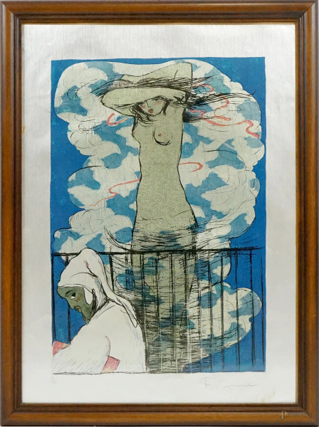 Salvatore Fiume - Nudo di donna, multiplo su lastra di metallo, cm 69x49, n. di serie III/XV, entro cornice.