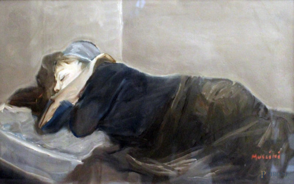 Marcello Muccini - Ragazza dormiente, olio su tela, cm 50 x 80, entro cornice.