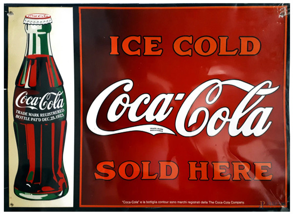 Insegna vintage Coca Cola in banda stagnata (latta) serigrafata, cm 50x35