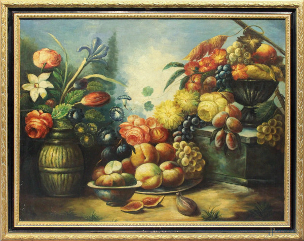 Natura morta con frutta e fiori, olio su tela, 72x92 cm, entro cornice.