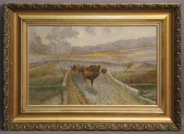 Giovanni Malesci, paesaggio con gregge, olio su tela 50x80 cm, entro cornice.