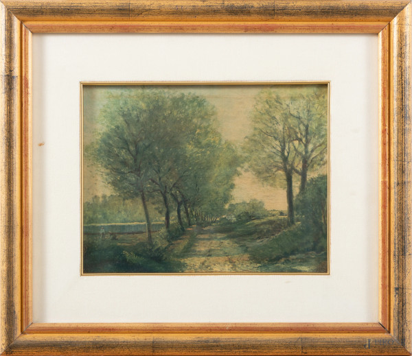 Sentiero nel bosco, XX secolo, olio su cartone telato, cm 22,5x28, entro cornice