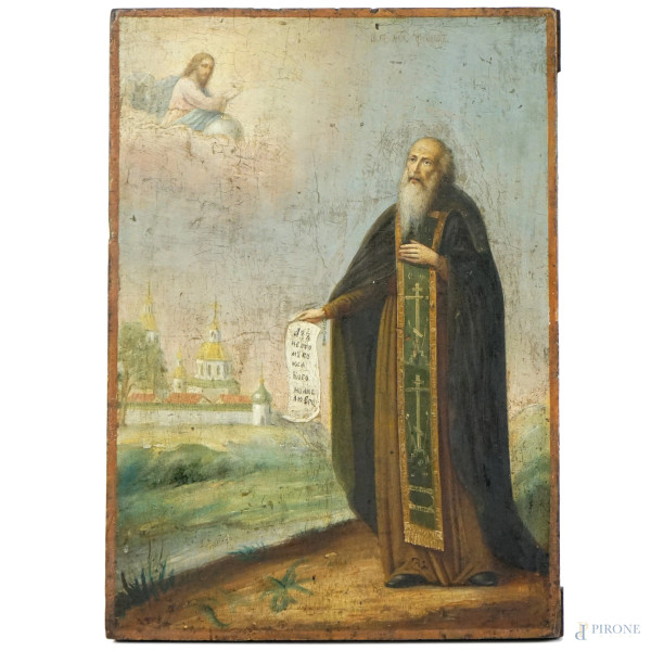 Icona raffigurante Santo stilita, olio su tavola, cm 29x21, inizi XX secolo, (difetti).