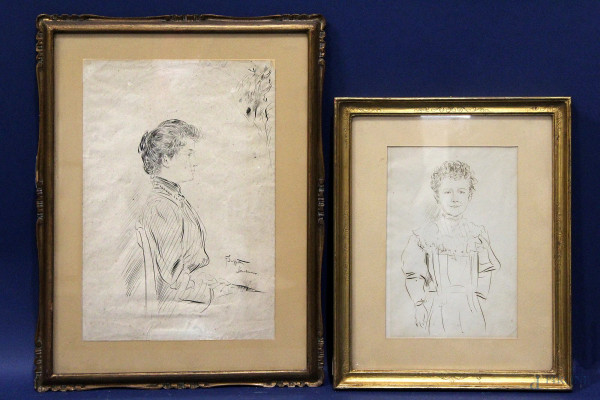 Lotto di due ritratti, disegni a varie tecniche su carta, 32x22 cm e 22x15 cm, entro cornici.