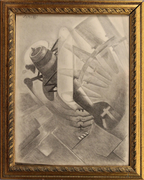 Aeropittura, disegno a matita su carta, cm 43x32, firmato Verossi, entro cornice.